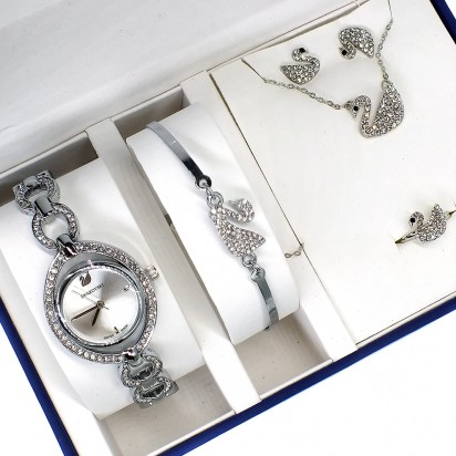 Комплект! Женские наручные часы Swarovski, браслет, подвеска, серьги CWC040