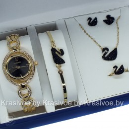 Комплект! Женские наручные часы Swarovski, браслет, подвеска, серьги CWC356