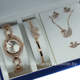 Комплект! Женские наручные часы Swarovski, браслет, подвеска, серьги CWC426