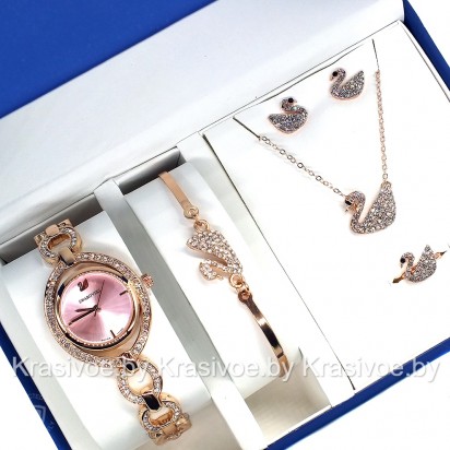 Комплект! Женские наручные часы Swarovski, браслет, подвеска, серьги CWC767