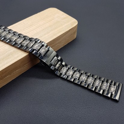 Браслет стальной черного цвета с гравировкой "Орнамент" для часов с креплениями 22 мм артикул L001-22