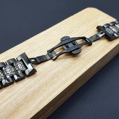 Браслет стальной черного цвета с гравировкой "Орнамент" для часов с креплениями 22 мм артикул L001-22