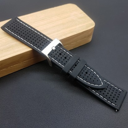 Ремешок каучуковый черный с белой ниткой для часов 20 мм артикул CRW522-20-18