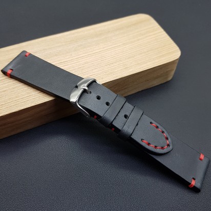 Ремешок ручной работы из кожи чёрного цвета от REMENMASTER для часов 22 мм артикул M132-22-20