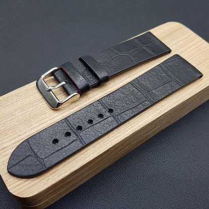 Ремешок ручной работы из кожи чёрного цвета от REMENMASTER для часов 22 мм артикул M152-22-20