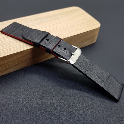 Ремешок ручной работы из кожи чёрного цвета от REMENMASTER для часов 22 мм артикул M152-22-20