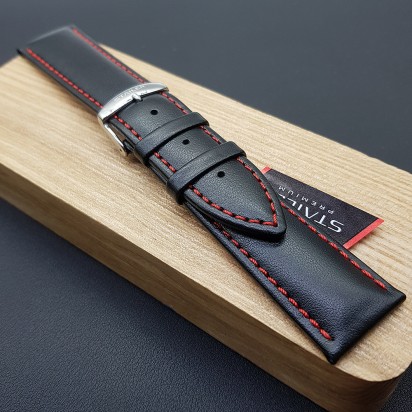 Ремешок черного цвета с красной ниткой из натуральной кожи для часов 22 мм 4181-2211