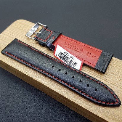 Ремешок черного цвета с красной ниткой из натуральной кожи для часов 22 мм 4181-2211